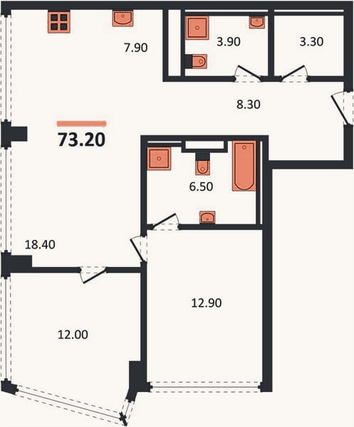 Планировка: 2-к, 73,2 м²