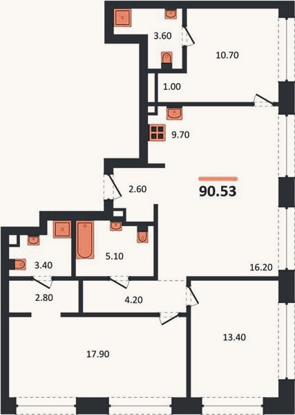 Планировка: 3-к, 90,2 м²