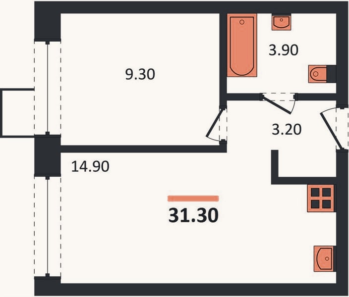 Планировка: 1-к, 31,5 м²