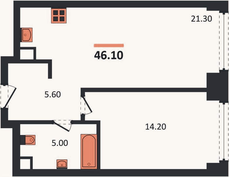 Планировка: 1-к, 46,1 м²