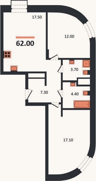 Планировка: 2-к, 62 м²