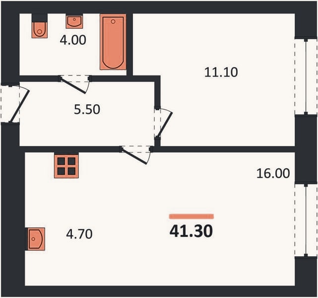 Планировка: 1-к, 41,3 м²