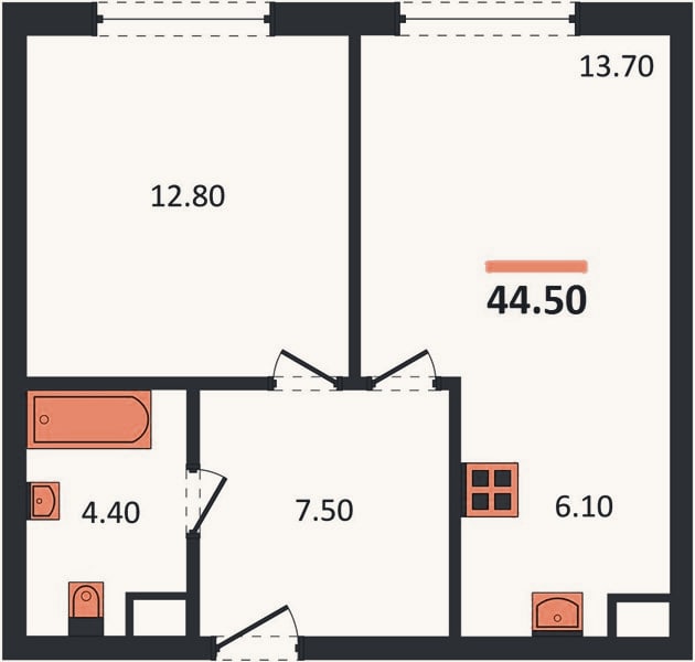 Планировка: 1-к, 44,7 м²