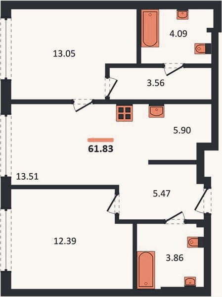 Планировка: 2-к, 61,8 м²