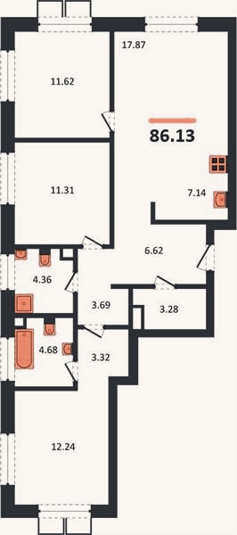 Планировка: 3-к, 86,1 м²