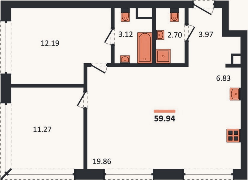 Планировка: 2-к, 59,9 м²