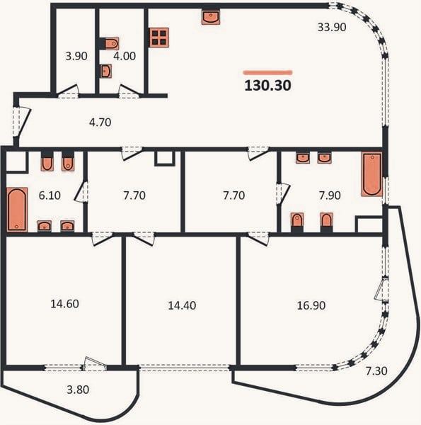 Планировка: 3-к, 130,3 м²