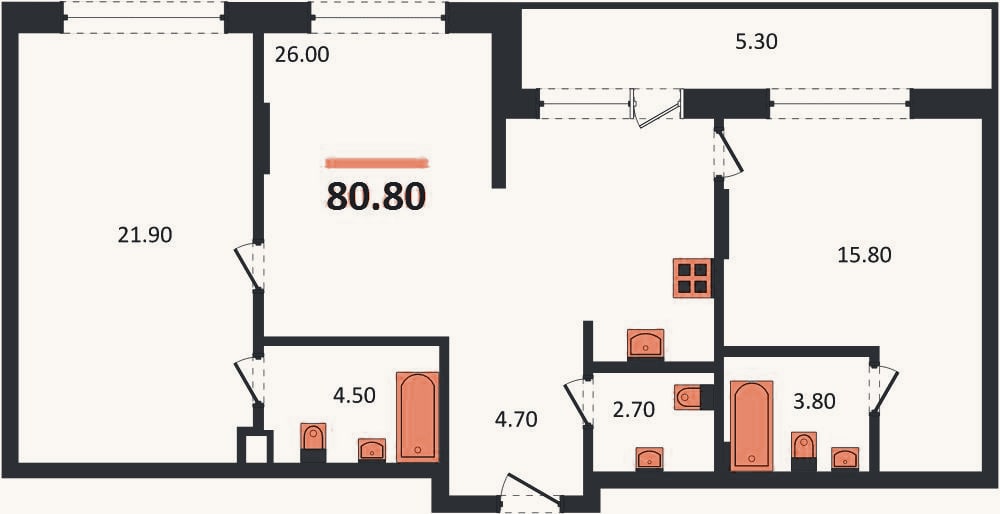 Планировка: 2-к, 80,8 м²