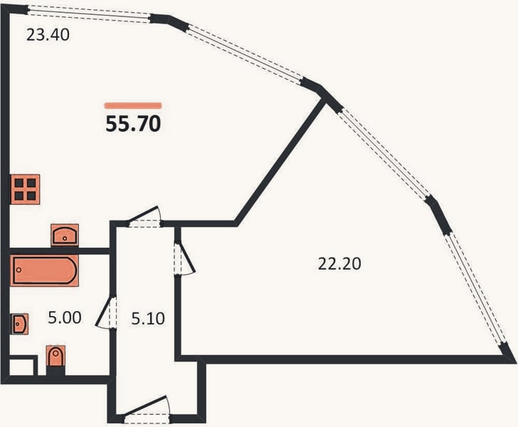 Планировка: 1-к, 55,7 м²