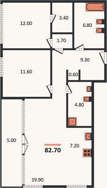 Планировка: 2-к, 82,7 м²
