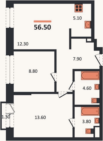 Планировка: 2-к, 56,5 м²