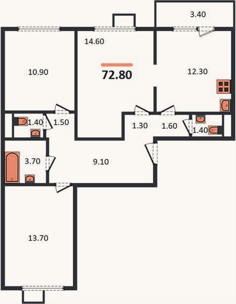 Планировка: 3-к, 72,8 м²