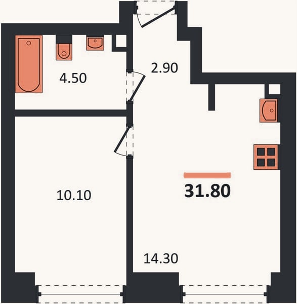 Планировка: 1-к, 31,8 м²