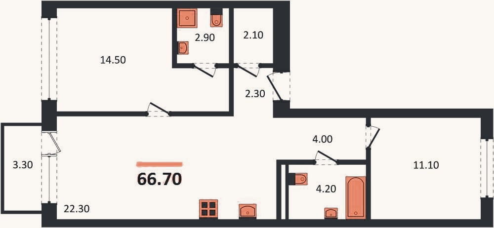 Планировка: 2-к, 66,7 м²