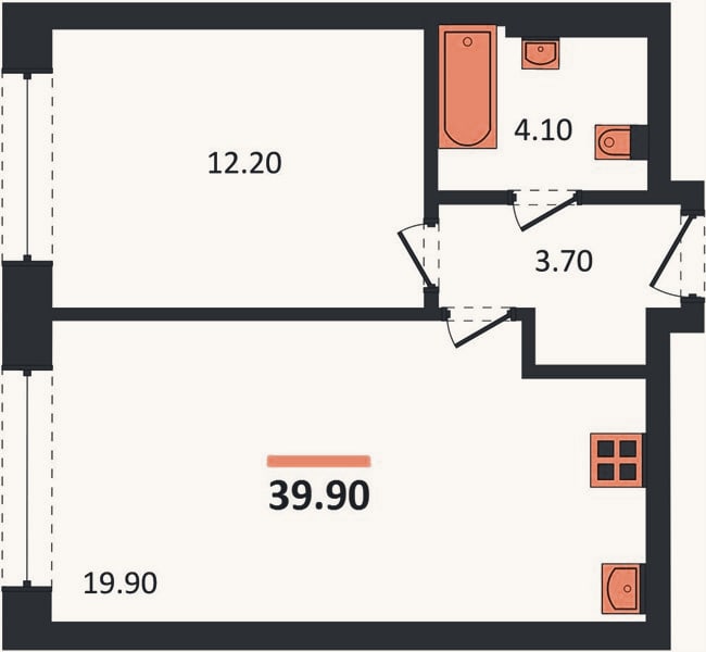 Планировка: 1-к, 39,9 м²