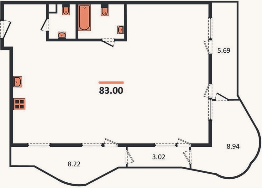Планировка: 1-к, 83 м²
