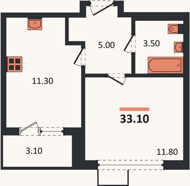Планировка: 1-к, 33,1 м²