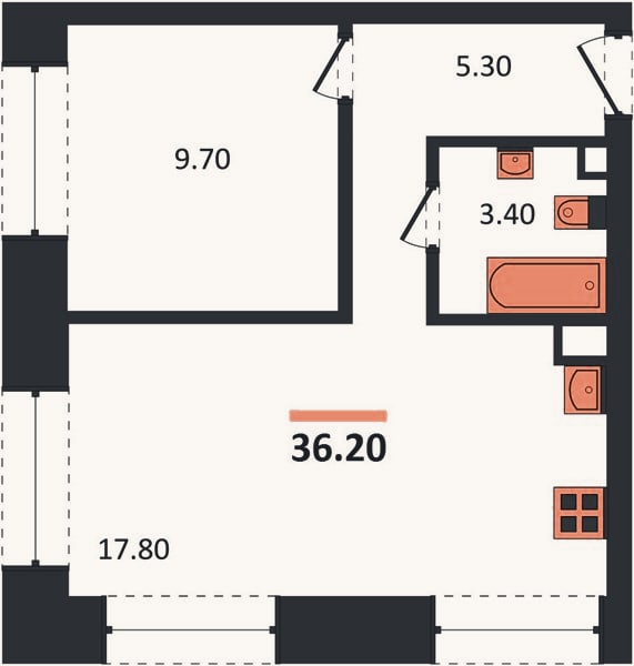 Планировка: 1-к, 36,2 м²