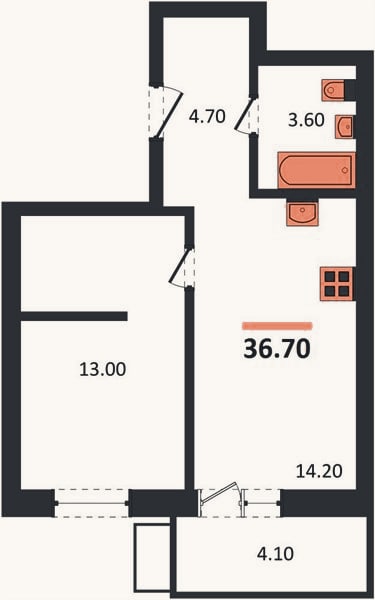 Планировка: 1-к, 36,7 м²