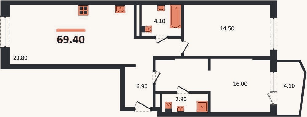Планировка: 2-к, 69,4 м²