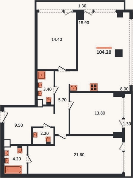 Планировка: 3-к, 104,2 м²