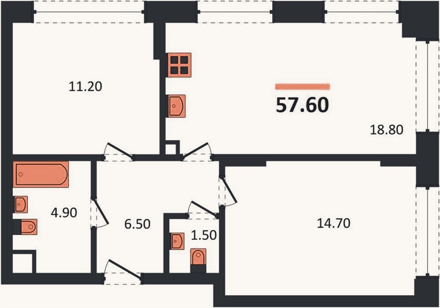 Планировка: 2-к, 57,6 м²