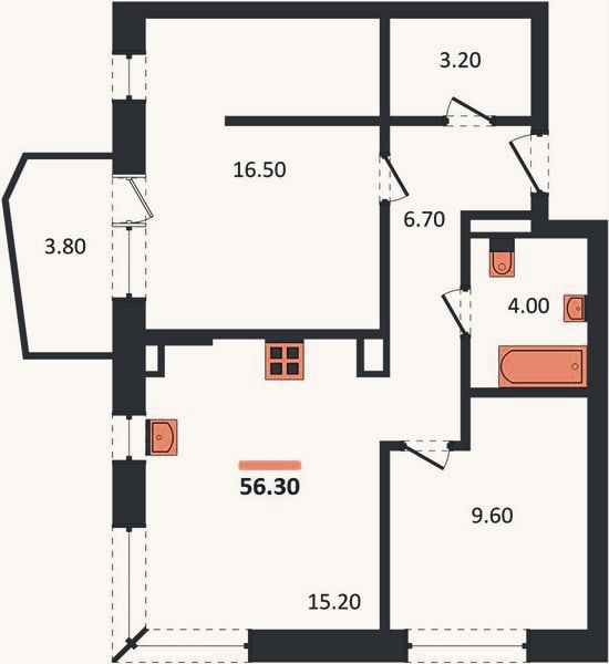 Планировка: 2-к, 56,3 м²