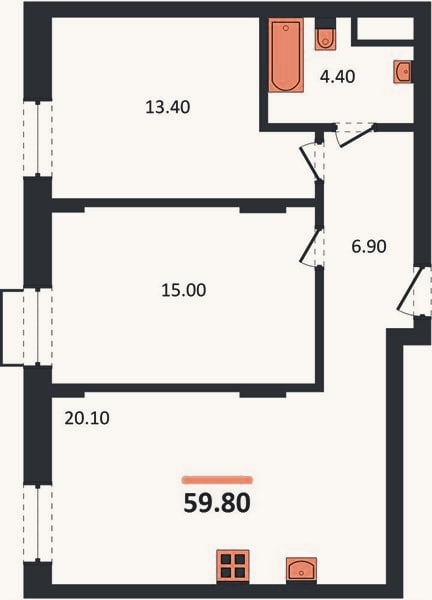 Планировка: 2-к, 59,8 м²