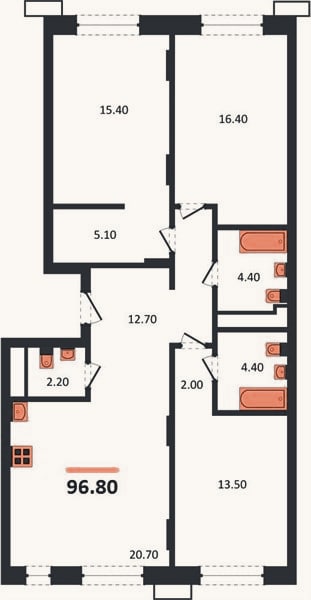 Планировка: 3-к, 96,8 м²