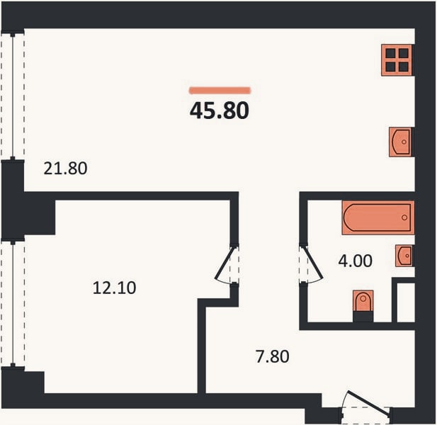 Планировка: 1-к, 45,8 м²