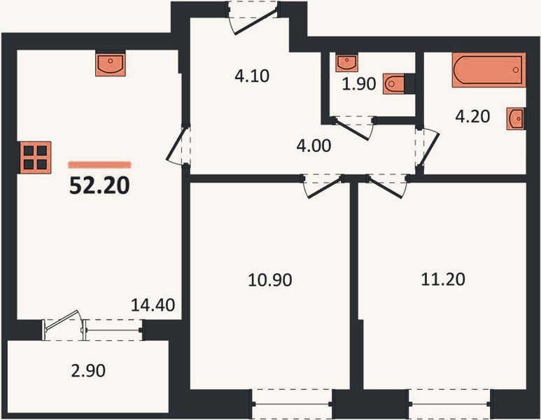 Планировка: 2-к, 52,2 м²