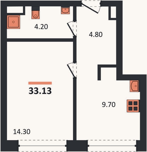 Планировка: 1-к, 33,1 м²