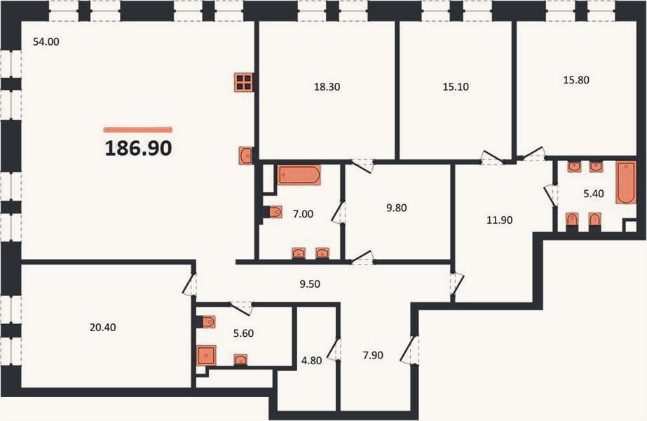 Планировка: 4+ к, 186,9 м²