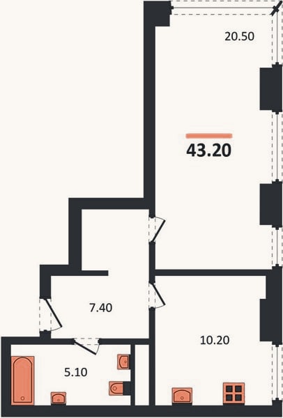 Планировка: 1-к, 43,2 м²