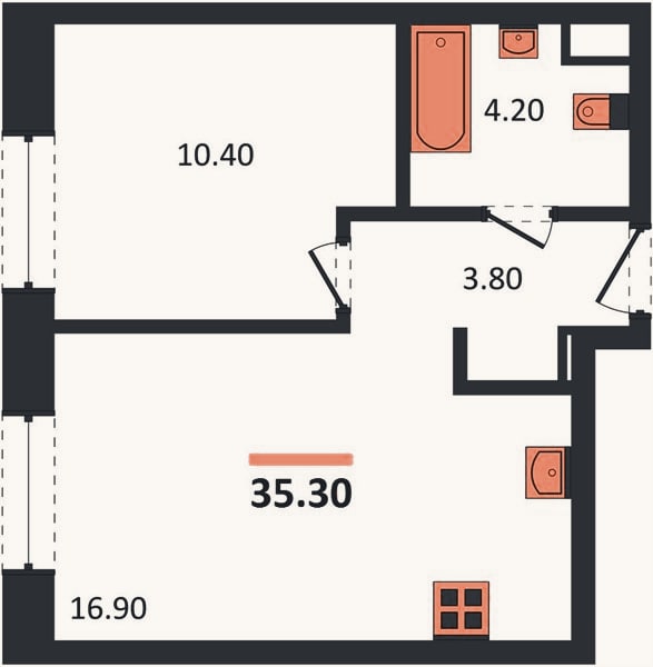 Планировка: 1-к, 35,3 м²