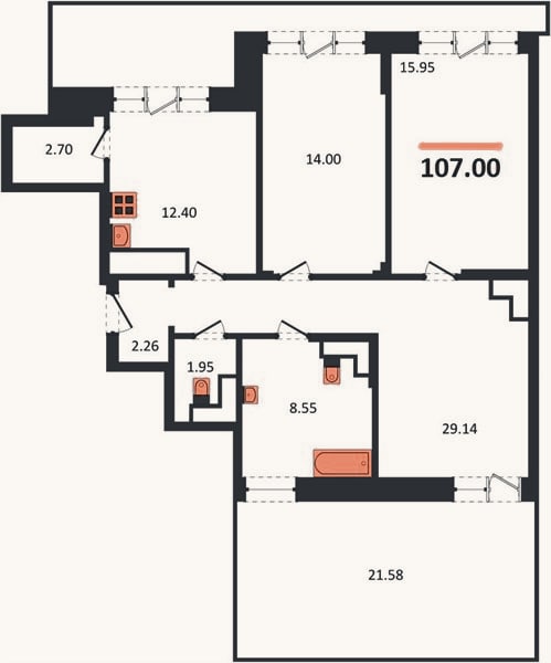 Планировка: 2-к, 107 м²