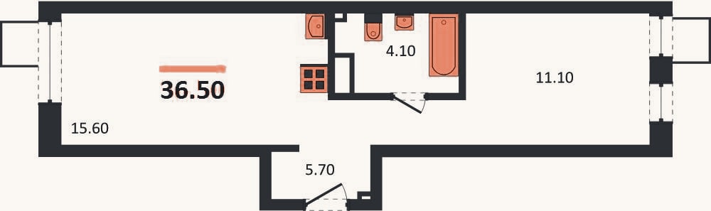 Планировка: 1-к, 36,5 м²