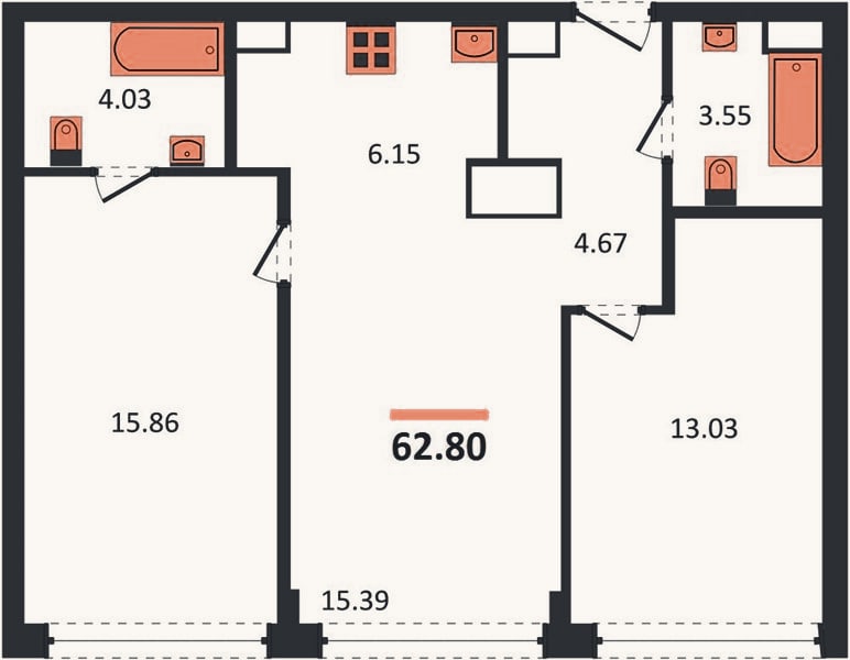 Планировка: 2-к, 62,8 м²