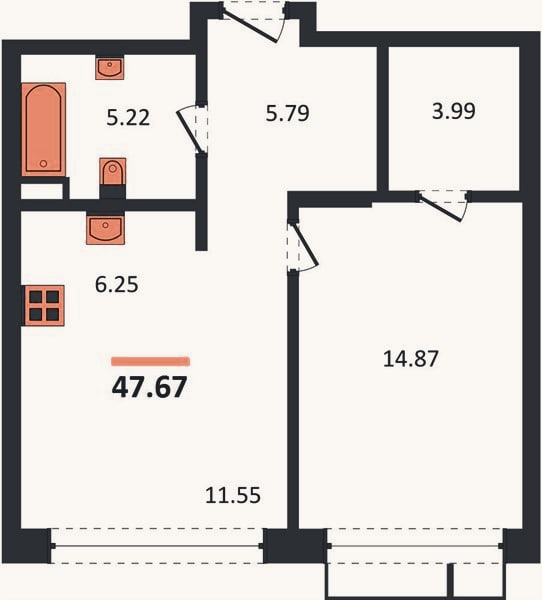 Планировка: 1-к, 47,7 м²