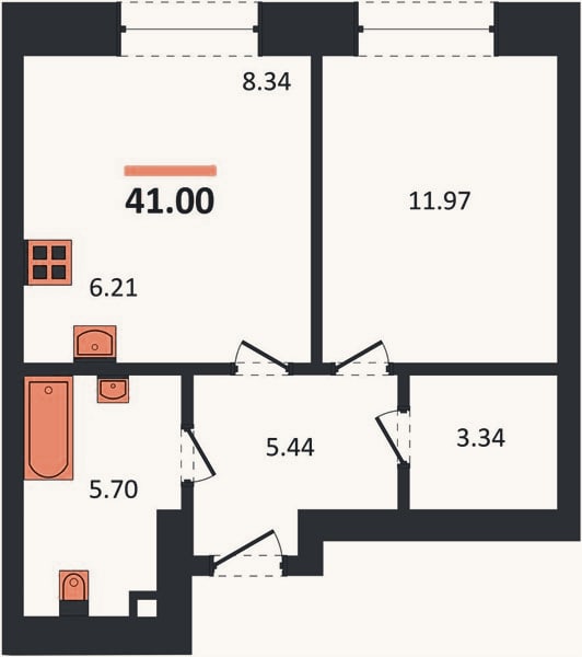 Планировка: 1-к, 41 м²