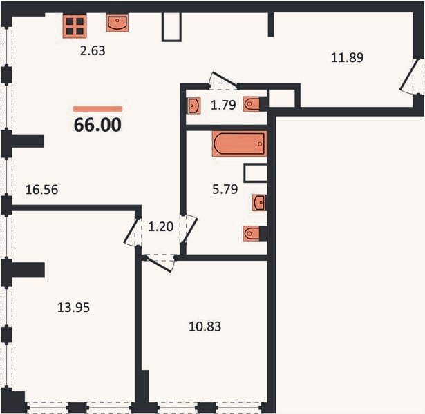 Планировка: 2-к, 65,8 м²