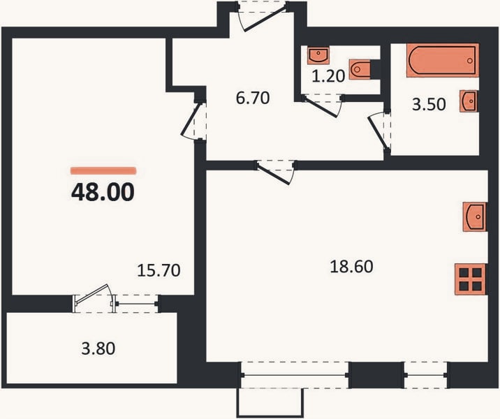 Планировка: 1-к, 48 м²