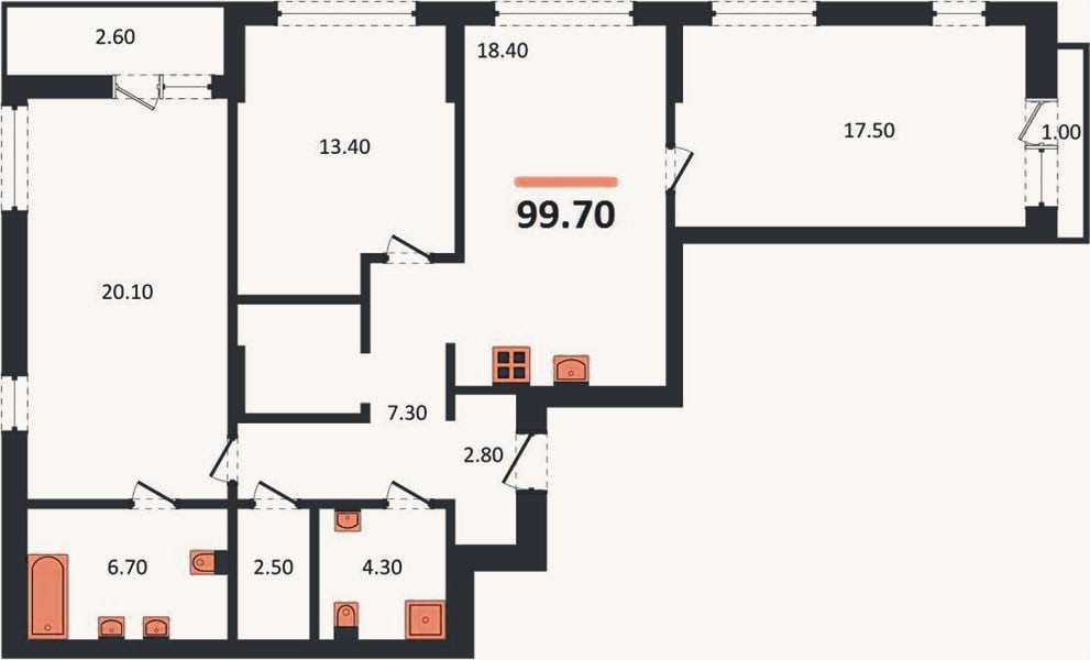 Планировка: 3-к, 99,7 м²