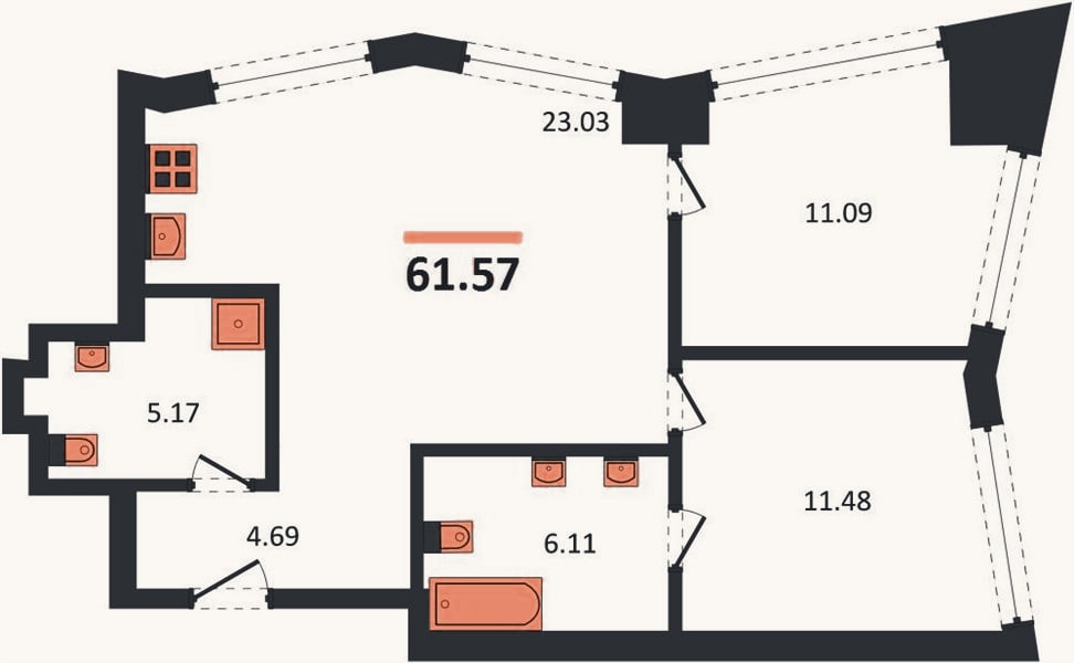 Планировка: 2-к, 61,6 м²