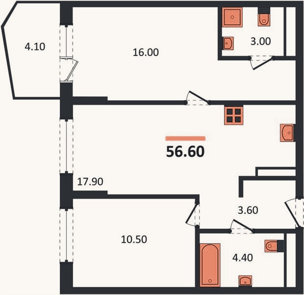 Планировка: 2-к, 56,6 м²