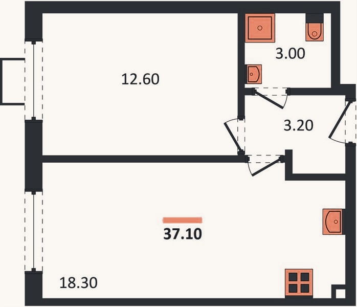 Планировка: 1-к, 37,1 м²