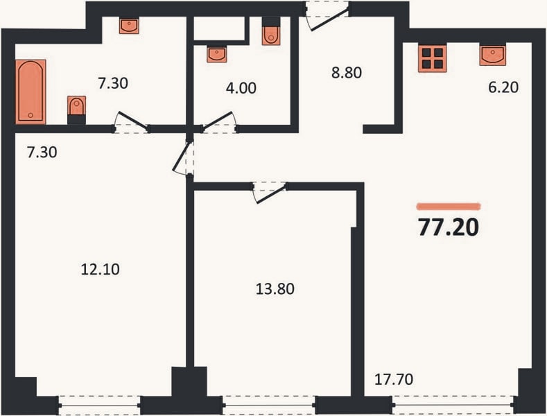 Планировка: 2-к, 77,2 м²
