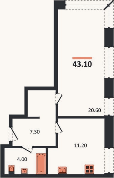 Планировка: 1-к, 43,1 м²