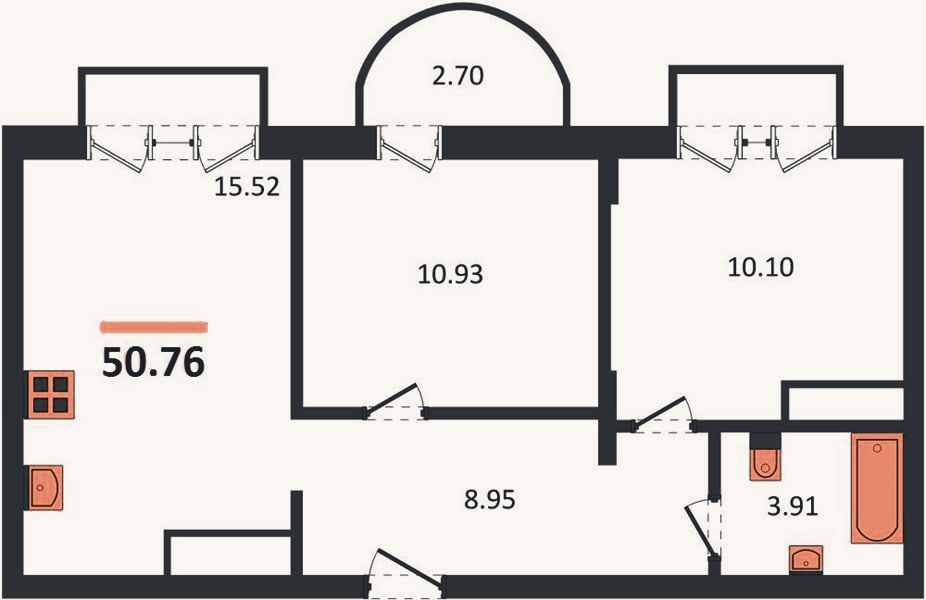 Планировка: 2-к, 50,8 м²