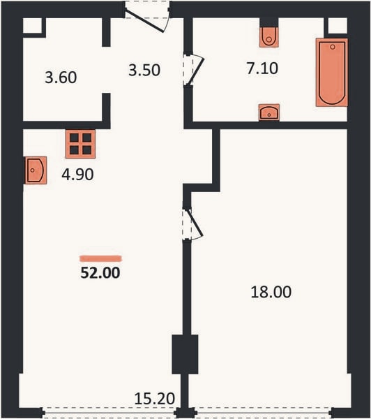 Планировка: 1-к, 52 м²